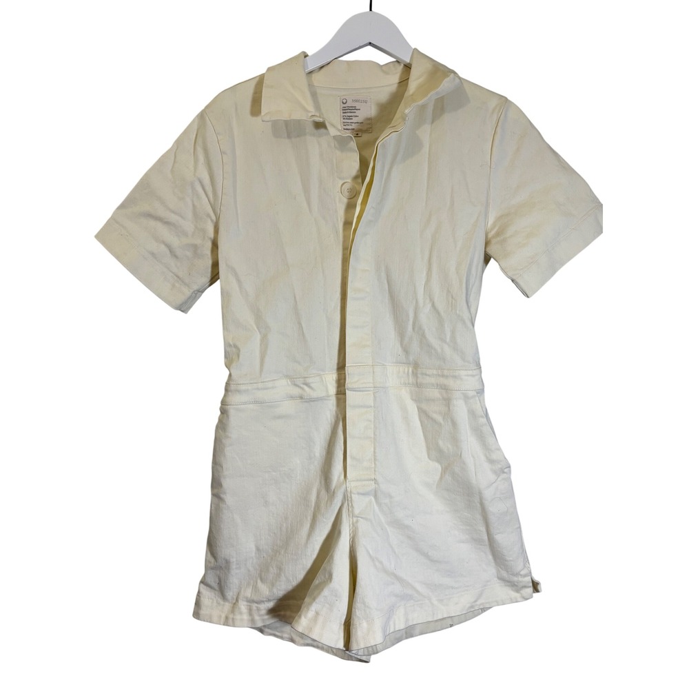For Days Denim Short Sleeve Jumpsuit Cream Collared Casual Size M‎